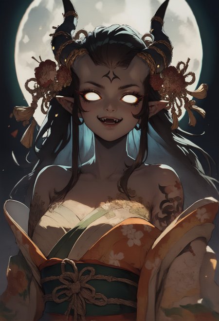 score_9, score_8_up, score_7_up,  score_9, score_8_up, score_7_up, Japanese teenage girl, floral kimono, exposed shoulders, beautiful face, thick eyelashes, glowing white eyes, white demon horns, long flowy black hair, cute smile, dark eyeshadow, glowing shoulders tattoos, glowing back tattoos, floral decoration in hair, night time, shinning moon, lit by moonlight, ambient lighting, fangs, demon skin  <lora:pony/concept_art_ultimatum>