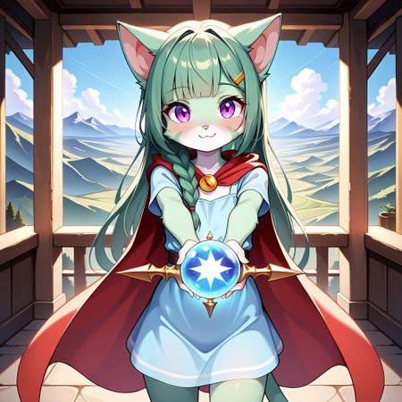 L1l1th_Ca1a4,1girl,solo,furry,furry female,cat girl,long hair,green hair,cat ears,purple eyes,snout,animal nose,body fur,two-tone fur,green fur,white fur,cat tail,
masterpiece, best quality, amazing quality, very aesthetic, absurdres, upscale, indoors, slightly side, dynamic pose, foreshortening, v, outdoors, sky, landscape, magic, smile, staff, hair ornament, holding, looking at viewer, dress, hairclip, holding staff, blush, bangs, cape, closed mouth, blue dress, side braid, blunt bangs, single braid, child, kid,