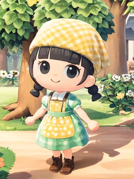<lora:dongsen_xl:1>,chibi, 1girl, braid, solo, smile, dress, twin braids, tree, black hair, outdoors, black eyes, short sleeves, brown footwear, head scarf, puffy sleeves, puffy short sleeves, bag, blunt bangs, floral print, full body, bangs, apron, looking to the side, standing, hat