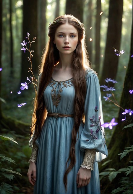 A young woman with long, flowing hair stands confidently and curiously in an enchanting, dark forest illuminated by the soft glow of purple fireflies. She is wrapped in a gown of linen and dried leaves, with intricate floral embroidery and thigh-high socks, which contrast beautifully with the mystical surroundings. The forest is alive with bioluminescent flowers that emit a gentle, ethereal light, casting an otherworldly glow on her serene face. The atmosphere is magical and mysterious, with a subtle, magical mist swirling around her. The scene is tranquil yet filled with a sense of wonder, as she gazes thoughtfully into the distance, surrounded by the enchanting beauty of the forest. (luc14nn4, freckles on her nose, long hair, brown hair, expressive blue eyes, soft pale skin.)