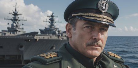 (War Photography:1.3), PhilipCipher  solo, upper body, looking at viewer, detailed background, detailed face, (warhammer 40k theme:1.1), admiral, calm, dark green elaborate naval uniform, cape, captain hat,  dynamic movement, on deck of ship,   rail, ship wheel,  vast open sea in background, sunny,   cinematic atmosphere, (close portrait:1.3),(Masculine:1.4),(beautiful:1.4),(attractive:1.3),handsome,calendar pose,perfectly detailed eyes,studio lighting,thematic background, (masterpiece, best quality, high quality, highres, ultra-detailed) OverallDetail, (Establishing shot, Ground Level Shot:1.3), (shot by Nikon camera, Shot on 28mm film:1.3), (Deep focus, 15mm lens:1.3),(*Vintage colors, Khaki, navy blue, and white colors:1), photorealistic, photojournalism
