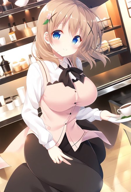 score_9, score_8_up, score_7_up, source_anime, best quality, masterpiece, BREAK, 
mitsumomo style, 
1girl, ctiank0k0a, (large breasts), blue eyes, light brown hair, medium hair, light brown hair, cherry-blossom hair ornaments, 
barista, dress shirt, long sleeves, pink vest, black skirt, long skirt, bowtie, 
smile, (strike a pose:1.3), head tilt, 
angle:random, 
cafe, warm light, sunlight,