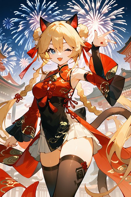 (score_9,score_8_up,score_7_up),<lora:Michele(kalabiqiu)-v1:1>,Michele(kalabiqiu),1girl,fireworks,animal ears,one eye closed,long hair,braid,breasts,blonde hair,cat ears,tail,blue eyes,armpits,smile,solo,double bun,looking at viewer,detached sleeves,hair bun,twin braids,open mouth,cat tail,red nails,nail polish,chinese new year,very long hair,dress,fang,skirt,;d,chinese clothes,clothing cutout,bangs,arm up,night,robot,pleated skirt,medium breasts,hair between eyes,thighhighs,aerial fireworks,white skirt,
good feet,anime,NSFW,expressive,amazing quality,ultra hd 32k,
