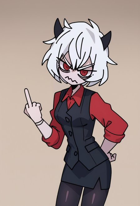 score_9, score_7_up, <break> simple background, solo, 1girl, htmalina, unamused, looking at you, wavy mouth, standing, middle finger, white hair, black horns, demon horns, red eyes, red shirt, sleeves rolled up, black vest, waistcoat, black skirt, black pantyhose
 <segment:yolo-face_yolov8m.pt,0.4,0.5//cid=1>