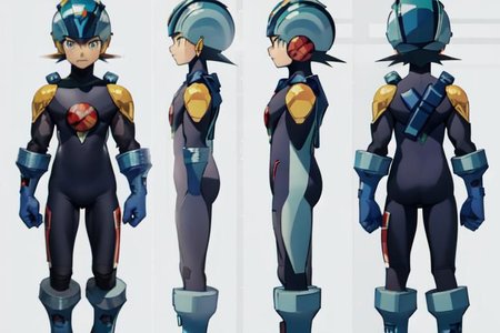 (masterpiece, official art, simple background, full body, standing, chara-sheet), best quality, megaman, (dark blue boots), (red headwear, dark blue helmet), (indigo bodysuit:1.5), covered collarbone, yellow pauldron, (dark blue gloves), (green eyes), (red circular chest piece), muscular, large pectorals, thick thighs