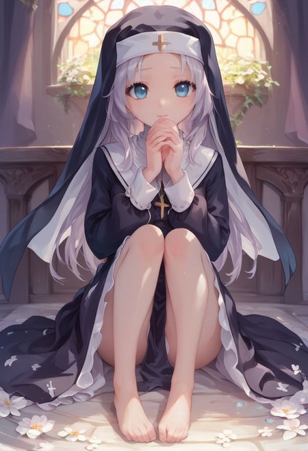 score_9, score_8_up, score_7_up, maria, nun,1girl, long hair, detailed blue eyes, cute, adorable, innocent, full body shot, detailed, pure, soft, sitting