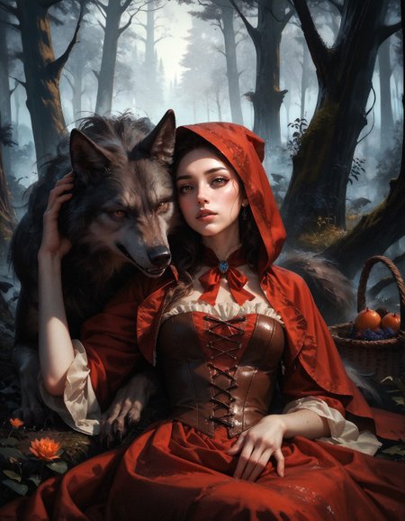 score_9, score_8_up, score_7_up, score_6_up, score_5_up, score_4_up,  realistic, 3/4 pic, 19 year old sexy woman, brown eyes, Little red riding hood, sitting under a tree, (((big dark wolf laying beside her))), dark forest, looking at viewer, she has a wicker basket with a lid beside her, orange brown leather corset, short red mini skirt, skirt floating in wind, big round breast, seductive body, cute sexy pose, petite body, flirtatious look, forest background, 8k detail, smooth image, detailed face,