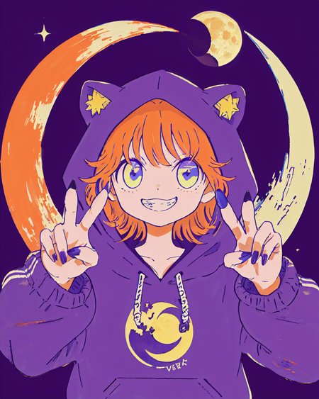 1girl, solo, hood, blue nails, hood up, smile, crescent moon, star (symbol), long sleeves, upper body, purple background, blue eyes, grin, claw pose, bangs, medium hair, orange hair, multicolored eyes, halftone, nail polish, moon, looking at viewer, fingernails, crescent, teeth, fur trim, simple background<lora:morning_glory:1>
