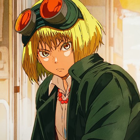 Gumi, Gumi Megpoid,  solo, looking at viewer, short hair, blonde hair, shirt, jewelry, closed mouth, jacket, yellow eyes, upper body, necklace, goggles, goggles on head <lora:Gumi-000005:1>