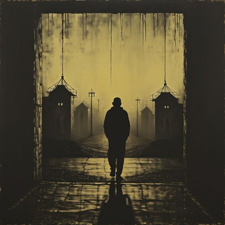 siluete, prison, landscape, person at doors, oriantal, techno, cell,  hope, prison, ,8k, master piece, Cinematic, Beautiful Lighting, trending on Devianart, surreal Art, Fantasy, Digital Art, Impressionistic, Surrealist,