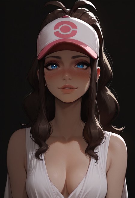 score_9, score_8_up, score_8. score_9, score_8_up, score_7_up, score_6_up, masterpiece, 4k, high quality, (best quality:1.1), ExpressiveH,(close up)
1girl, pokemonhilda, blue eyes, brown hair, long hair, ponytail, baseball cap, medium breasts, blushing, looking at viewer, seductive smile, g0dd3ss, white dress, cleavage
black background