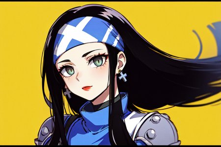 highly insanely detailed, masterpiece, top quality, best quality, highres, 4k, 8k, RAW photo, (very aesthetic, beautiful and aesthetic),  
beth_\(megami_tensei\),bethsmtii,shin megami tensei ii,long hair,black hair,straight hair,sleek black,jewelry,cross,headband,red_lipstick, 
<lora:zs_Beth:0.7>, 
(1girl:1.3), 1other, 
(pure yellow background,transparent background:1.2),âââ