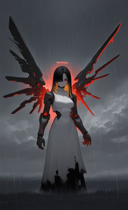 masterpiece, best quality, good quality, newest, highres, absurdres, 1girl, solo, long hair, breasts, looking at viewer, blonde hair, black hair, red eyes, dress, multicolored hair, outdoors, wings, sky, cloud, white dress, hair over one eye, streaked hair, halo, torn clothes, sleeveless dress, glowing, headgear, cloudy sky, rain, mechanical arms, cyborg, prosthesis, mechanical wings, overcast, mcnm,
G0zeNA_illu, abstract, surreal <lora:illustriousXL_stabilizer_v1.23:0.3> <lora:NOOB_vp1_detailer_by_volnovik_v1:0.3> <lora:ponyv6_noobE11_2_adamW-000017:0.3> <lora:G0zeNA_style:0.8> <lora:MechaKnightsIL:0.7>