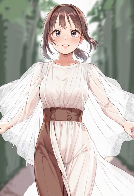 score_9, score_8_up, score_7_up,source_anime,(close up:1.3), front view,
 1girl,20yo, brown hair, gray eyes, (large breast:1.1), (ponytail:1.1), medium hair,(curvy:1.1),(light blue clohtes shirt:1.1),gray skirt,bangs, tsurime, jitome, blush,smile, dress, action pose,  parted lips ,simple background,beautiful scenery, outdoors, , looking at viewer, earings, looking at viewer,,long  sleeve shirt, tyontyon, clothed, (pants:1.1) <lora:tyontyon-02:1.2>