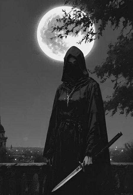 score_9, score_8_up, score_7_up, source_photo, Parisian balcony atmosphere, moon, dual_wielding, weapon, solo, full_moon, holding, 1girl, hood, sword, bat_\(animal\), knife, tree, jewelry, night, necklace, cloak, Side-lit body contour, rating_safe, <lora:pony\nocturnal_indecent:1.0000000000000002>