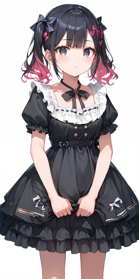 score_9, score_8_up, score_7_up,source_anime, high res image,masterpiece,best quality,girl,cute face,clear skin,shiny hair,ultra detailed eyes,simple background,  <lora:half twintail_pony_V1.0:1> half twintail, multicolored hair,ribbon <lora:gothic dress_Pony_V1.0:1> jyojifuku, black dress, frills, ribbon, hair bow