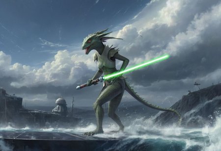 a (solo:1.5) black white lizard with (star wars armor:1.5)  sword on belt  (cockpit instruments view:1.5) inside star-wars style spaceship over (ocean:0.5) (waves:0.5), in the middle of sea, with (apocalyptic:1.5) stars comets meteors,
dawn, heavy rain, wind, windy, typhoon, hurricane, tropical storm, fog, mountain, sky, cloud, deluge, rainforest, 
(anime:1.5) , anime screencap in mnst artstyle, full body character portrait landscape