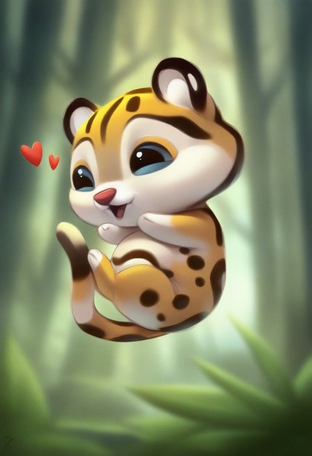 A baby ocelot, pawing at its mother's fur, little hearts in the air, dense spring forest,
