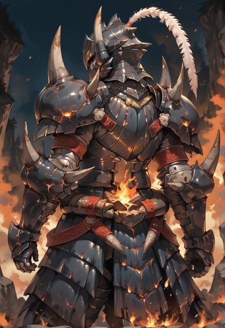 (score_9:0.9),score_8_up,score_7_up,rating_safe,anime style,(zPDXL),<lora:Akantor armor - male ponyXL v1:0.7>,molten rock,solo,full armor,1boy,male focus,fire,black helmet,black shoulder armor,black gauntlets,glowing,from behind,akantor armor,black armor skirt,white feather,covered face,
