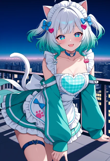 general, masterpiece, best quality, 1girl, solo, BREAK looking at viewer, blush,
urban rooftop, sparkling city skyline, neon reflections, dynamic forward-stepping pose, hair flying in the wind, joyful adventurous expression, balcony edge action, cinematic shallow depth, dramatic lighting, high detail
BREAK
<lora:Mint Fantome:1> blue eyes, gradient hair, white hair, green hair, ahoge, hitaikakushi, x hair ornament, medium breasts,
mintcafe, frills, aqua jacket, long sleeves, off-shoulder jacket, white apron, maid apron, (heart-shaped chest, plaid heart, aqua heart:1.2), white sash, blue waistband, pleated skirt, frilled skirt, aqua skirt, cat ears, cat tail, blue choker, heart o-ring, blue bow, pink bow, paw print pin, ghost pin, pin, white arm belts, name tag, brown thigh strap, brown garter strap, (blue thigh belt:1.2), heart hair ornament,
short hair, two side up, hair bow, blue bow,