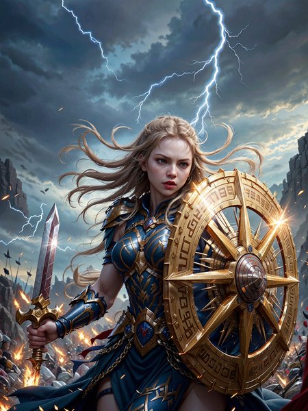 VALHERO, art, painting,score_9, score_8_up, score_7_up, Portrait,An electrifying depiction of Lagertha, the legendary shieldmaiden, in the heart of a brutal battle, her twin braids swinging as she wields her sword and shield with deadly precision. Clad in battle-worn armor reinforced with leather and fur, she is a striking figure of raw strength and defiance, her piercing blue eyes blazing with determination. Her shield, painted with bold Nordic patterns, bears the scars of countless clashes, while her sword flashes like silver lightning, cutting through the chaos. <lora:Heroes_of_Valhalla_PONY:1.0>