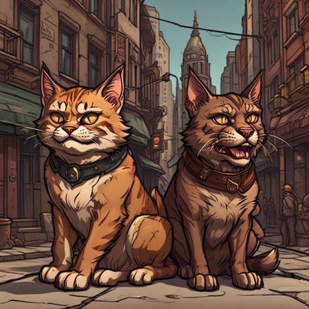 outline, lmnoutln, smiling cat looking at angry dog, street, masterpiece, best quality, outline style, fine lines, thin lines, detailed, no humans