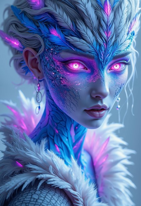 high quality, ultra detailed, colorful, dark fantasy, bo-snakecult, bo-neon, a highly detailed digital artwork featuring a young woman's face and upper body, the artwork is rendered in a hyper-realistic, photorealistic style, with a focus on texture and light, creating a surreal and dreamlike atmosphere, the woman's skin is pale, almost translucent, and her face is adorned with intricate, feather-like patterns in shades of blue, pink, and purple, giving her a ethereal and otherworldly appearance, her hair is voluminous and styled in an elaborate updo, with some strands framing her face, the feathers are intricately detailed, with soft, feathery textures and a sense of movement, adding to the surreal and ethereal quality of the artwork, the background is a gradient of light to dark grey, ensuring the focus remains on the subject, the overall composition is balanced, with the subject occupying the central portion of the frame, and the artwork exudes a blend of realism and fantasy, making it a captivating and immersive piece of art<lora:boFLUX Abyss Neon.safetensors:0.8:0.8> <lora:FLUX Snakecult\bo-snakecult_epoch_4.safetensors:1.0:1.0>