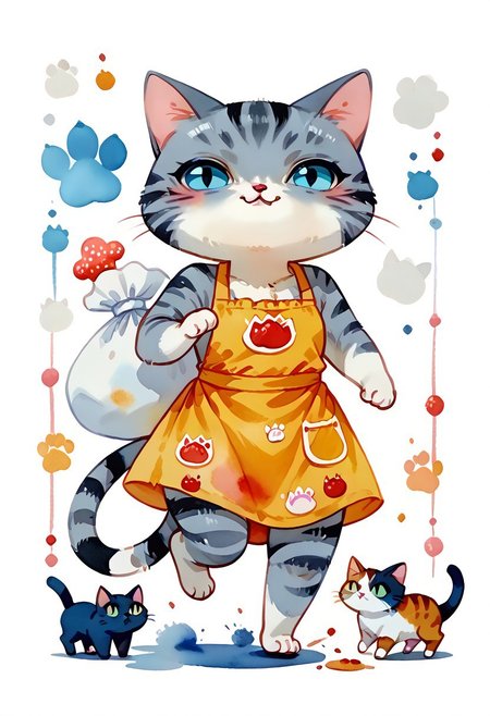 score_7_up, score_8_up, score_9, (full body:1.15), cat, animal kitten, chibi animal cat, Kus1cat, Chibi Art Style, fur, 
cute cat, game character, very cute, chef, watercolor style, watercolor, 
(gray striped cat with an apron running with a sack of flour:1.21),
(cute kitchen detailed background:1.23), HQ,