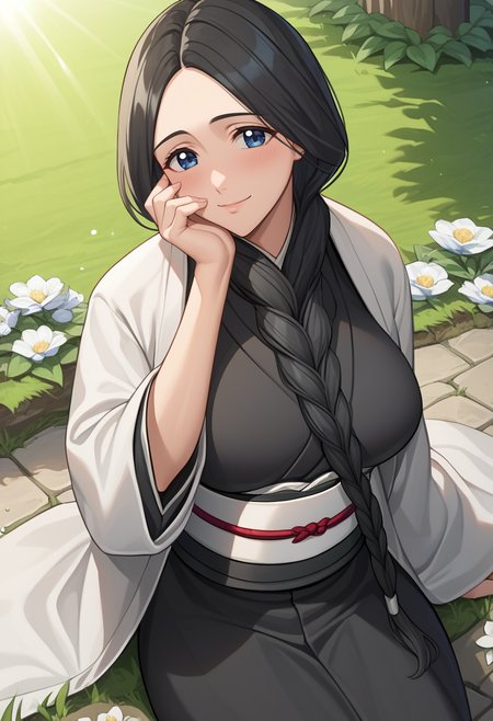 score_9, score_8_up, score_7_up, source_anime BREAK 1girl, solo, cowboy shot, looking at viewer, 
<lora:Unohana_RetsuDwnstyv2:1.1>, unohana_def, blue eyes, braid, hair over shoulder, hair between breasts, long hair, black hair, black kimono dress, white coat, white obi, 
large breasts, light smile, skindentation, hand on own cheek, head tilt, happy, blush, close-up, sitting, on ground, 
outdoors, garden, stone floor, grass, flower, tree, lake, sunlight,