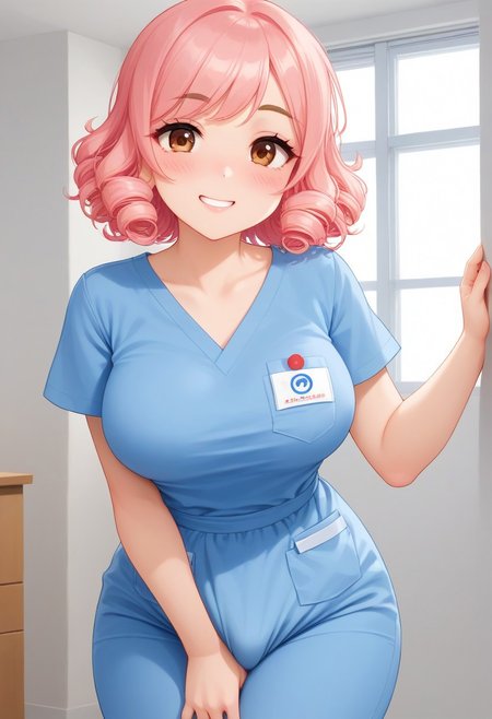 score_9, score_8_up, score_7_up, masterpiece, best quality,uncensored, 25 years old, cute, pretty girl, very kawaii, kawaii, ((young, youthful)), asian girl, japanese girl, beautiful, Expressiveh, indoors, room, ((curvy body)), thick thighs, wide hips, soft looking skin, thin eyebrows, girly, feminine, ((round face)), ((peach pink hair)), fringe bangs, slightly curly hair, short hair, adult, ((large breasts)),brown eyes, brown eyebrows,  curvy girl, very kawaii,  scrubs, medical scrubs, round breasts,  standing, long eyelashes, egirl makeup, egirl, egirlthot, noseblush, very pale skin, pink lips. shy, timid, averted eyes, thin arms, narrow shoulders, petite, hud_scrbs, short sleeves, shirt, pants, pocket, smile, full diaper under pants, grabbing own crotch, squeezing own crotch, disgust, heavy diaper under pants