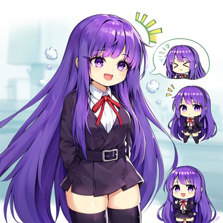 1girl, d, absurdly long hair, belt, black thighhighs, chibi, jitome, long hair, low-tied long hair, neck ribbon, notice lines, open mouth, purple eyes, purple hair, red ribbon, ribbon, smile, solo, thighhighs, very long hair