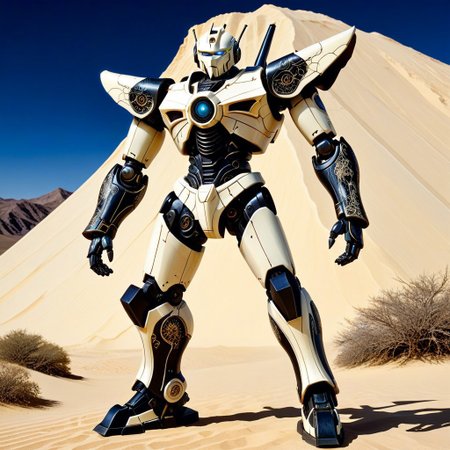 made out of, ebony, ivory, scrimshaw, bone carving, mecha, standing, pose, super robot anime, anime style,  desert mountain, 2d high score, masterpiece, best quality, absurdres,