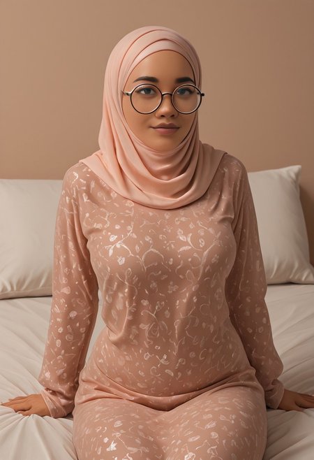 <lora:Mala2:1> 1girl, coll-malas, solo,hijab, round glasses, sitting on a comfy bed