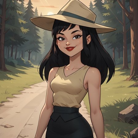 score_9, score_8, BREAK, solo, black hair, fedora hat, sleeveless shirt, black skirt, leggings, sneakers, red lips, lipstick, breasts, total drama, Sky_sister_(Total_Drama), cute, sexy pose, self portrait, smile, looking at viewer, outdoors, sunlight, shadows, evening lighting, natural lighting, forest, trees, grass, orange sky, sunset