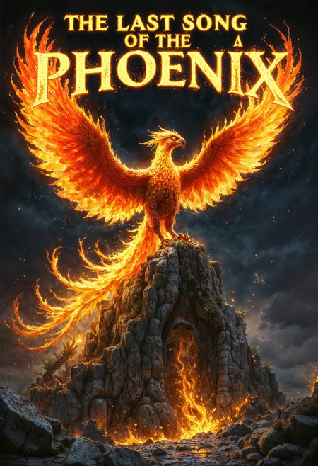 This book cover features a majestic, fiery phoenix rising from a massive, crumbling stone temple. Its wings, ablaze with brilliant shades of orange, red, and gold, spread wide, casting sparks that light up the night sky. Below, the ancient temple lies in ruins, vines creeping over the broken stone. Wisps of golden flame trail behind the bird, illuminating the darkened world. In bold, fiery text at the top, the title "The Last Song of the Phoenix" blazes, with embers floating around the letters as if they're part of the creature’s fiery resurgence.