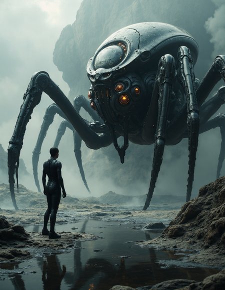 highly detailed cinematic scene, an alien world with a massive, menacing insect-like creature resembling a giant spider with a metallic exoskeleton and glowing organic elements. Its long, sturdy legs support a segmented, mechanical body with reflective eyes. A humanoid figure in a dark, form-fitting suit stands in the rocky, desolate background, facing the creature. Cracked terrain and swirling mist create an eerie atmosphere under a dark gray sky. The creatureâs reflection is visible in a wet surface, emphasizing its imposing presence. The color palette is dominated by dark grays, blacks, and metallic golds, with glowing accents, moody, epic, film grain, <lora:aidmaMJ6.1:0.6>, <lora:fluxenhancer:0.4>