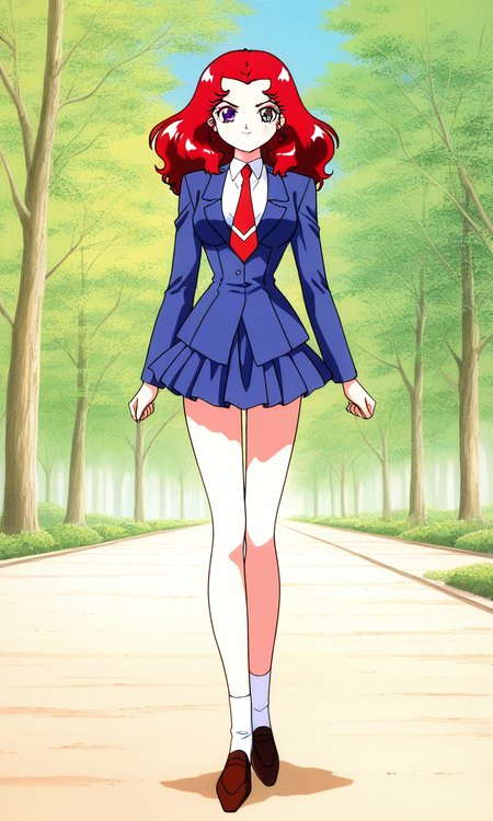 general,highres, ultra-detailed,very aesthetic,best quality ,best hands,  BREAK <lora:Scarlett_ohara_IS:1> Scarlett_ohara, 1girl,solo, red hair, long hair, purple eyes, breasts, 1990s (style), anime coloring, 
blue skirt,  full body, smile, long sleeves, standing, pleated skirt, looking at viewer, blue jacket, red necktie,
day, say,