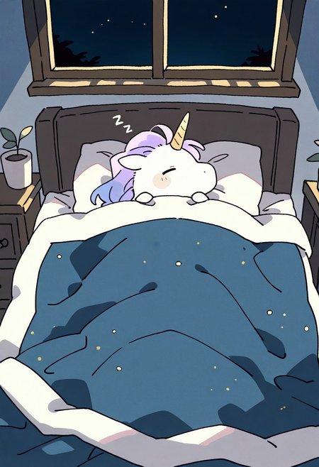 "(masterpiece, best quality, high quality, highres), very awa, highres, absurdres,
(naguru \(cyoroama\), (chii-kun \(seedyoulater\):0.7), 
(unicorn:1.1),
(no humans:1.1), (cute:1.2), comfy, solo, cozy,
sleeping, cozy room, indoors, on bed, under the blanket, pillow, zzz, on back, night, "