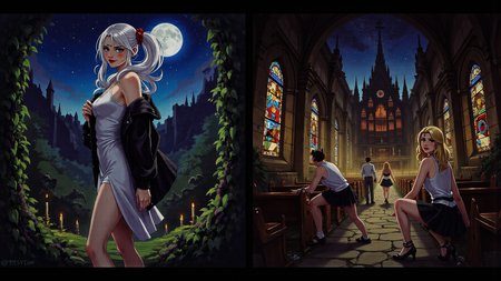 1girl, ass, underwear, headphones, panties, jacket, night, solo, blue eyes, moon, high heels, long hair, white panties, ponytail, black footwear, sky, looking at viewer, black jacket, off shoulder, night sky, cat ear headphones, looking back, full moon, blush, border, from behind, star (sky), outdoors, open clothes, bare shoulders, white hair, skirt, bangs, long sleeves, starry sky, parted lips, open jacket, breasts, building, shirt, hair ornament, jewelry, white shirt, full body, pleated skirt, sleeveless, black skirt, miniskirt, sleeveless shirt, bare legs, kneeling, arm support, scrunchie, pantyshot, tank top, all fours, hair scrunchie, upskirt, city, anklet, cityscape, lamppost, skyscraper, red scrunchie, blonde hair, pantyhose, thighs, shoes, fake animal ears, squatting, star \(sky\), forehead, white bra, animal ear headphones, A young woman stands confidently with an air of grace, wearing a stylish, form-fitting dress that hugs her curves elegantly. Her hair cascades over her shoulders in soft waves, framing her striking featuresâhigh cheekbones, full lips painted with a subtle hint of lipstick. Her bright eyes hold a sparkle of intelligence and curiosity as she gazes into the distance. She carries herself with poise and composure, reflecting both elegance and approachability in equal measure. As people pass by, her warm smile invites connection while maintaining an air of mystery that leaves them wanting more., A group of adventurers traverses an ancient ruins-filled jungle, guided by their seasoned leader through a network of crumbling passageways and forgotten temples. Danger lurks around every corner: vines threaten to ensnare them at any moment; the air is thick with tension as they search for hidden artifacts and elusive knowledge. The expedition feels both thrilling and treacherous, a testament to their unwavering courage in exploring the unknown., The scene unfolds within an ancient, crumbling cathedral with soaring arches and stained-glass windows depicting mythical scenes. Candlelight flickers through dust motes, casting eerie shadows as gargoyles keep watchful eye over the decrepit nave filled with abandoned pews and a haunting organ looming in the distance. The atmosphere is heavy with mystery and long-forgotten whispers of lost history.
