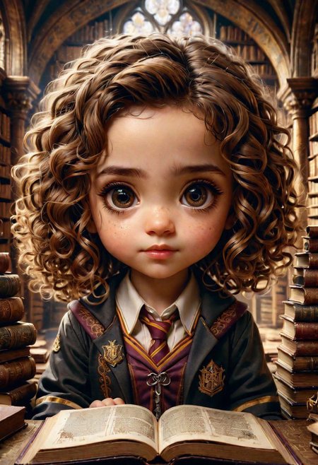 Hogwarts yearbook Portrait of adorable Chibi baby Hermione Granger by Awwchang and CGSociety and Carne Griffiths and James Christensen, dark brown eyes, curly hair,  griffendor uniform, intricate motiffs, intricate filigree, hogwarts library background, Lou Xaz