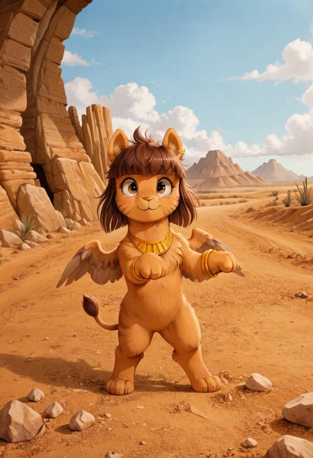 full body, ((solo)), furry, fluffy, fluffy fur, perfect eyes, zPDXL3, ((action_pose:1.5)), sfw, 

cute female furry feral chibi m4gp1e, bipedal, blushing, rocks, source_furry, m4gp1e, sphinx, feral, jewelry, bracelets, wings, smiling,

(((outside desert mountain))),  

(high detailed face), (high art quality), (high detailed), 4k, (high resolution), (8k resolution), masterpiece, best quality, ((scenery)), detailed background