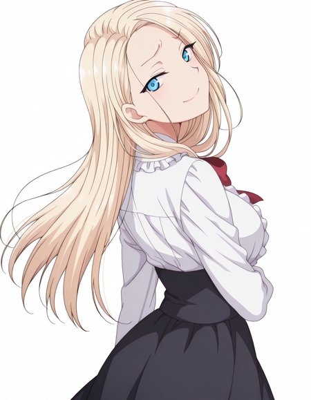 masterpiece, best quality, amazing quality,, <lora:reina-kurashiki-ova-illustriousxl-lora-nochekaiser:1>, reina kurashiki, long hair, blue eyes, blonde hair, mature female, breasts, anime screencap, <lora:virgin-killer-outfit-illustriousxl-lora-nochekaiser:1>, virgin killer outfit, meme attire, high-waist skirt, center frills, frilled shirt, underbust, aran sweater, frilled shirt collar, red bowtie, frills, skirt,, <lora:shaft-look-illustriousxl-lora-nochekaiser:1>, shaft look, looking back, from behind, head tilt, cowboy shot, smile,, determined,furrowed_brow,serious, , <lora:transparent-background-illustriousxl-lora-nochekaiser:1>, transparent background, simple background, white background, ,