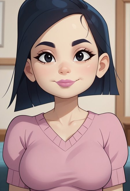 ((bedroom background)),score_9, score_8_up, score_7_up,score_6_up, 
1girl, solo, Mayumi_GT, pale skin, dark blue eyebrows, black eyes, dark blue hair, Short hair, pink lips, pink short-sleeved sweater, white high waisted pants, green bracelet, brown platform heels, social smile, big eyes, sexy face, close-up, face photo, perfect eyes, perfect smile, looking at the viewer, big breasts