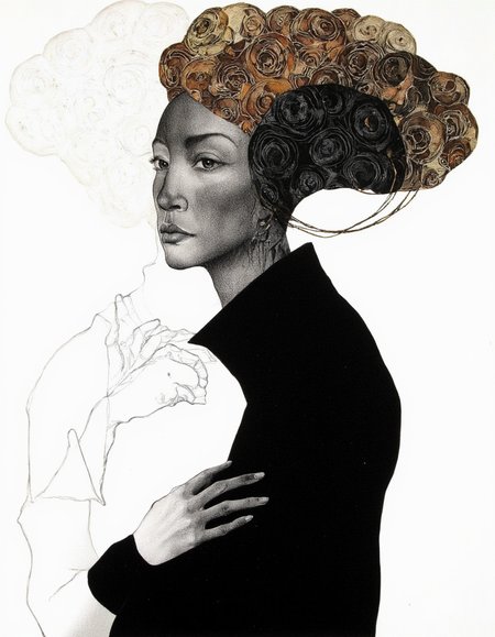 Art by Marina Richterova. A black and white, monochrome digital illustration from a profile camera angle about a stylized silhouette of a woman with an elaborate, curly head made up of intricate, floral patterns. the woman is positioned in the middle of the image, facing the viewer with her eyes looking directly at the viewer. her hair is styled in an afro, with strands of hair framing her face and cascading down her back. she is wearing a black dress with a high collar and long sleeves, and her hands are clasped together in front of her chest. the background is plain white, and the image has a minimalist, abstract style with a focus on the intricate patterns and textures of the woman's head and body.