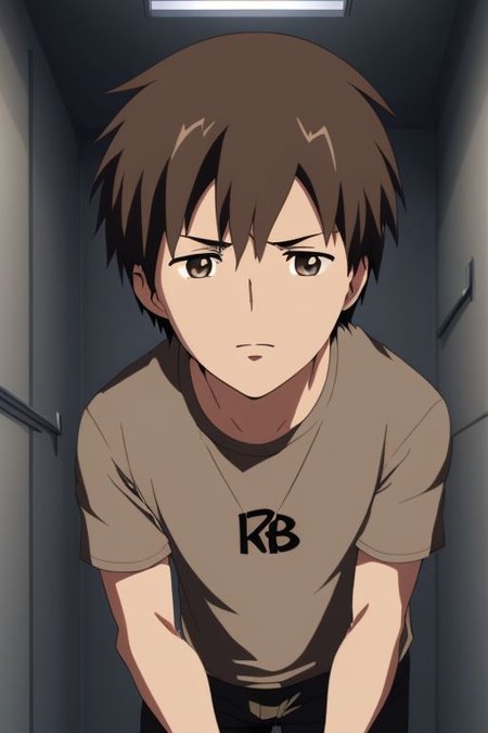 high resolution, solo, best quality, 1Boy, Takaki Toono, Brownish Hair, Brown Eyes, kabedon POV, T-Shirt, OverallDetail