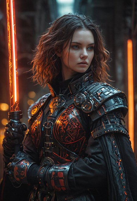 bdsm, collar cyberpunk Samurai jacket, (female, red pink slim skin:1.4), Large linen cape, (nice face, very angry:1.9), (bdsm harness, tight huge massive firm breasts:1.75), surrounded by a detailed spacescape with translucent dark-amber Highlights, (red neon, emissive), (yellow particules, hyper-detailed,:1.4) sharp, high resolution, high quality, 32K, Ultra realistic, HD, super detailed, line art, abstract style, (full body, shinny, wavy hair:1.5), (star wars inquisitor:1.65), (circle hard powerful red white orange fire neon light saber:1.8), (well formed five fingers hands on light saber:1.7), (cyan emissive iris eyes:1.6)