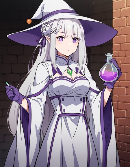 score_9, score_8_up, score_7_up, source_anime, <lora:rezero-emilia-s1s2-ponyxl-lora-nochekaiser:1>, emilia, braid, crown braid, flower, hair flower, hair ornament, hair ribbon, long hair, pointy ears, purple eyes, white hair, x hair ornament, medium breasts,, <lora:wizard-ponyxl-lora-nochekaiser:1>, wizard, wizard hat, robe, dress, long sleeves, gloves,, indoors, bricks, potion, flask, vial,, cowboy shot,