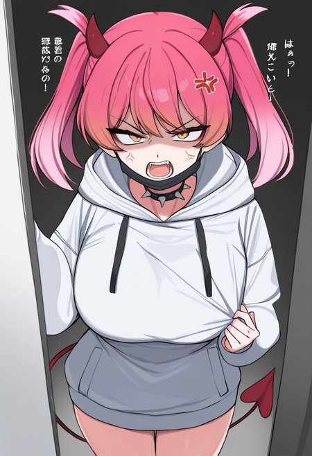 waku2kitchen, 1girl, absurdres, anger, vein, black spiked choker, demon girl, demon horns, demon tail, gradient hair, highres, hood down, hooded jacket large breasts, mouth mask, pulled down mask, multicolored hair, open mouth, pink hair, twintails