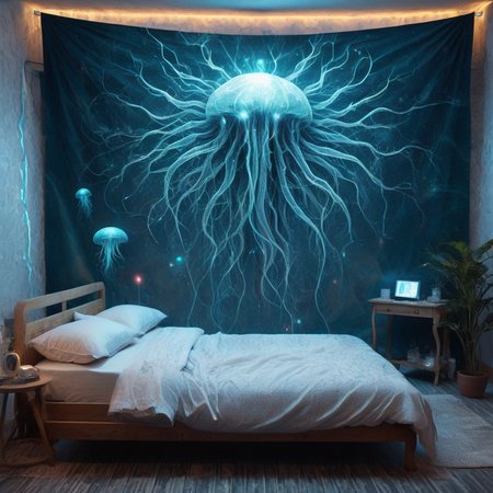 detailed DonMD3m0nXL Cybernetic Enhancement Clinic, Nanotechnology Devices,Pillows,Shower Curtain,Magic Mirror,Smartphone, Tapestry Pile Weave tapestry, Jellyfish Gene Insertion, Cove Lighting, cyberpunk, sci-fi, <lora:DonMD3m0nXL-000010:1>