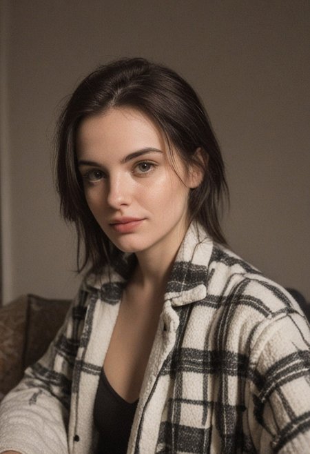 30yo woman wearing Plaid Polar Fleece Shacket with white textures 
long black dark hair slick back and smooth. Kissface. 
smile. Looking at camera. POV.
happy. 
Living room. Fully furnished.
Night time.
Portrait.